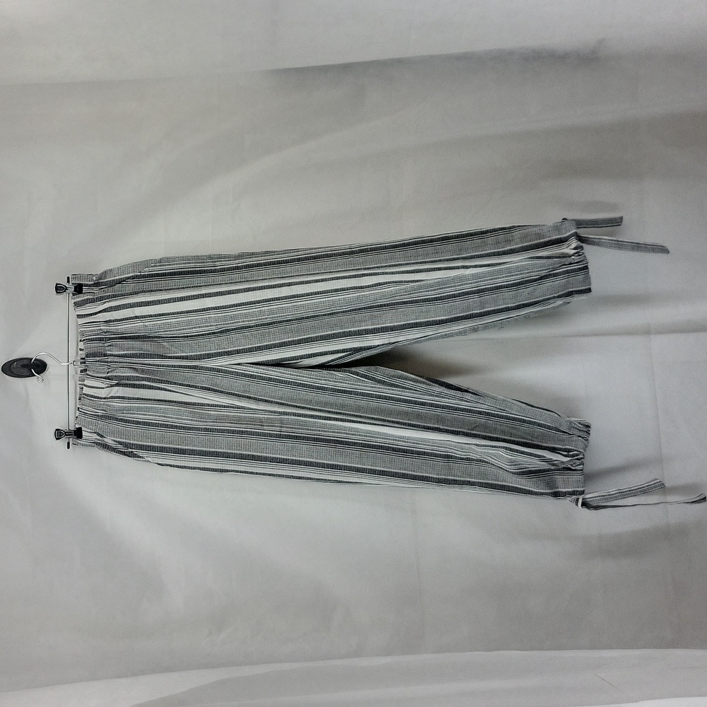 100% Cotton Black White Striped Ankle Tie Pants
